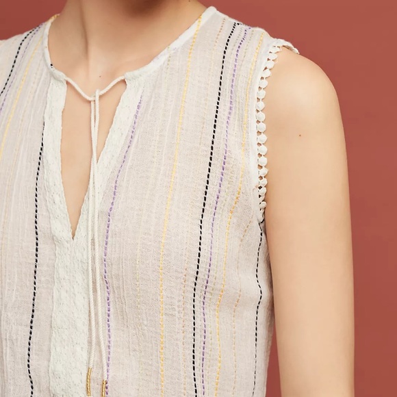 Michael Stars White Deep V  Neck Tasseled Striped Peplum Flounce Tank Top Size S - Picture 3 of 11